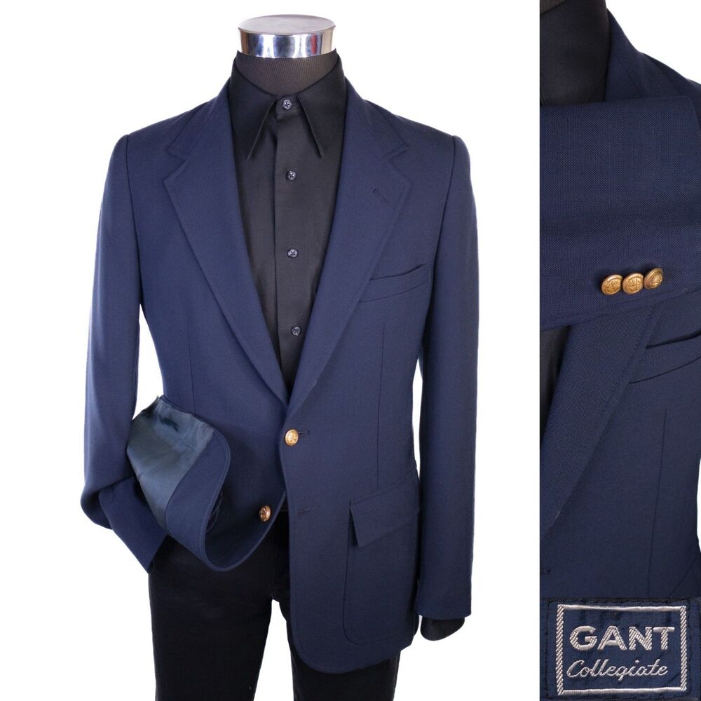 VTG Gant Blazer Sport Coat Sz 38R Navy Blue Gold 2-Buttons Jacket